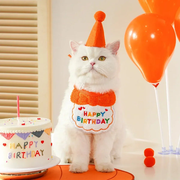 Cat Birthday Party Hat And Bib With Adjustable Bandana Pet Birthday Sweet Outfit Scarf Cats Puppy Dress Up Set Pet Supplies