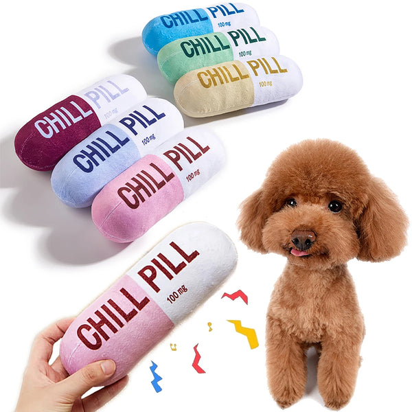 CHILL Pill-Shaped Dog Toy with Squeaker - Durable, Pet Play and Dental Health
