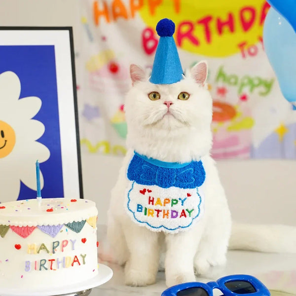 Cat Birthday Party Hat And Bib With Adjustable Bandana Pet Birthday Sweet Outfit Scarf Cats Puppy Dress Up Set Pet Supplies
