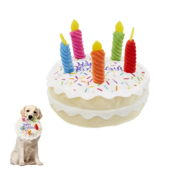 Birthday Cake Dog Toy Soft Plush Squeaky with Colourful Candles Durable Funny Stuffed Chew for Large Breeds Birthday Gift scarf