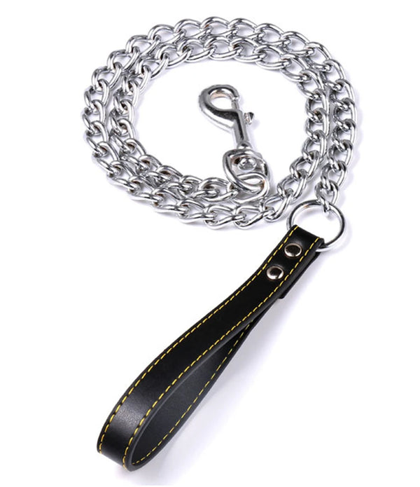 Metal Chain Dog Lead With Leather Style Handle Strong Control Leash Iron Dog Pets Supplies Collars Harnesses