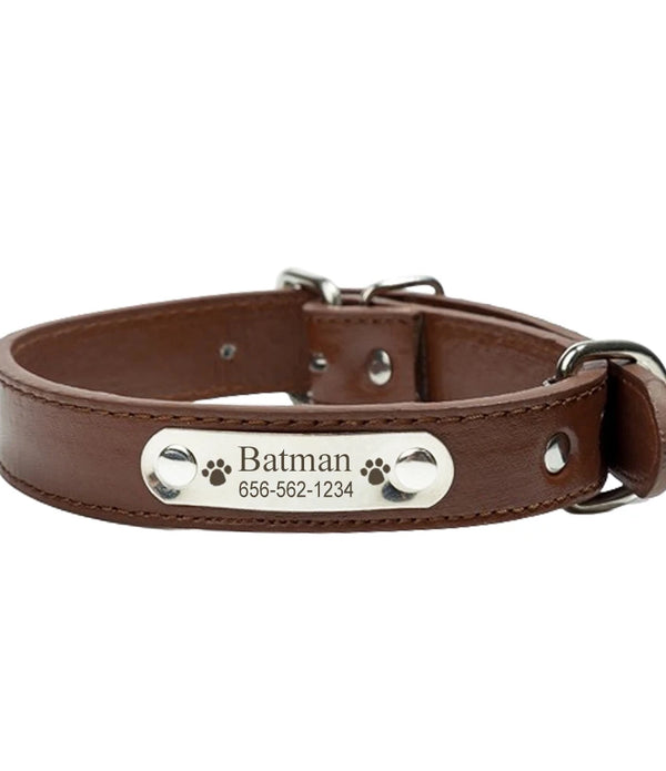 Personalized PU Leather Dog Collar Durable Adjustable Engrave Name ID Tag Customized Collar for Pet Small Medium Large Dog Puppy