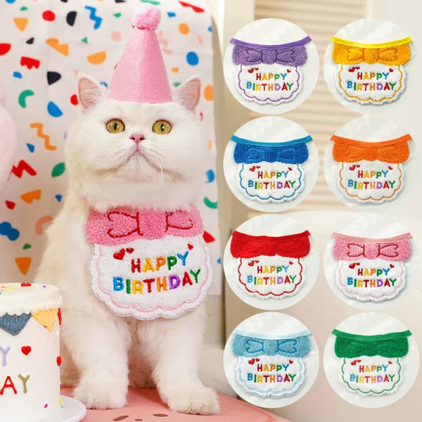 Cat Birthday Party Hat And Bib With Adjustable Bandana Pet Birthday Sweet Outfit Scarf Cats Puppy Dress Up Set Pet Supplies