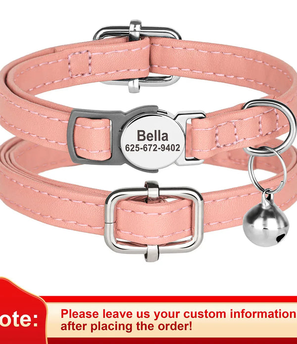 Custom Cat Collar PU Leather Cats Collars Necklace Safety Breakaway Pet Kitten Puppy Collars Anti-lost for Cats Free Engraved