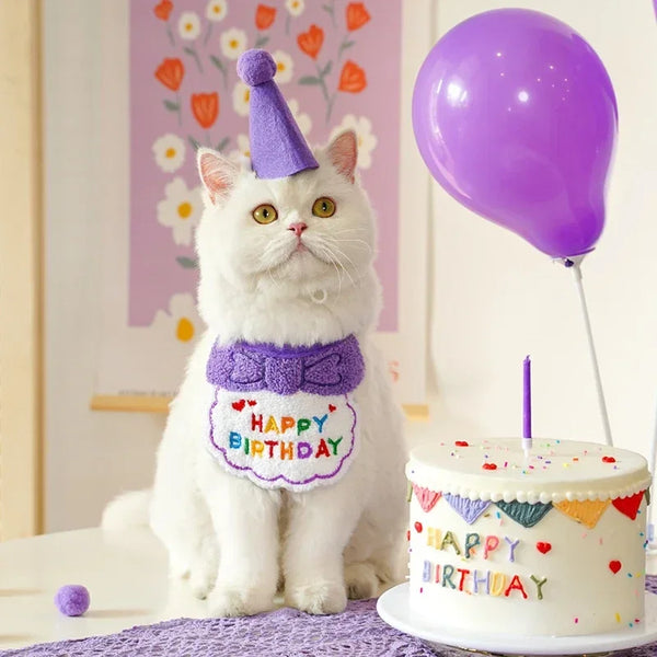 Cat Birthday Party Hat And Bib With Adjustable Bandana Pet Birthday Sweet Outfit Scarf Cats Puppy Dress Up Set Pet Supplies