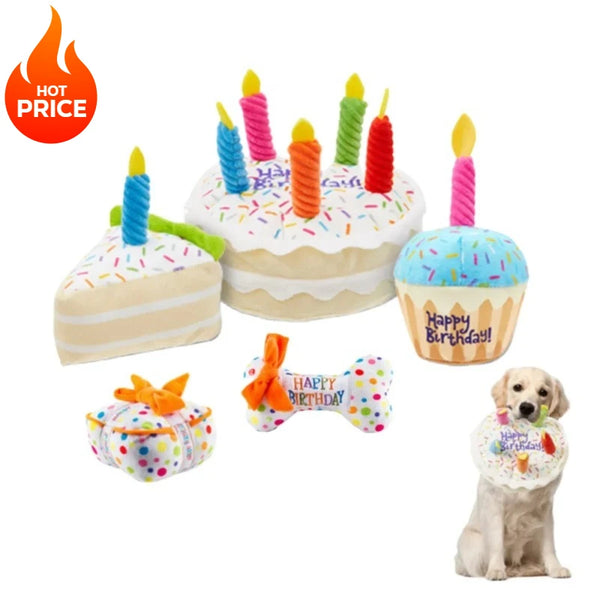 Birthday Cake Dog Toy Soft Plush Squeaky with Colourful Candles Durable Funny Stuffed Chew for Large Breeds Birthday Gift scarf