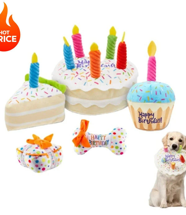 Birthday Cake Dog Toy Soft Plush Squeaky with Colourful Candles Durable Funny Stuffed Chew for Large Breeds Birthday Gift scarf
