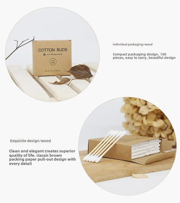 100 Pcs/Box Double Head Bamboo Cotton Buds Wood Stick Cotton Swab For Makeup , Nose Ear Cleaning , Pet Care , Art & Crafts