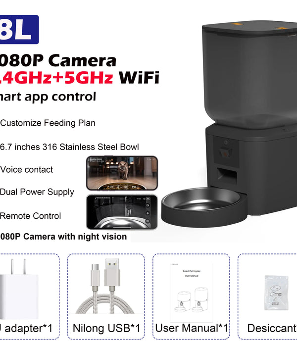 8L Automatic Cat Feeder With 1080p Camera Video 5G WiFi Cat Food Dispenser Pet Smart Voice Recorder Tuya APP Pet Auto Feeder
