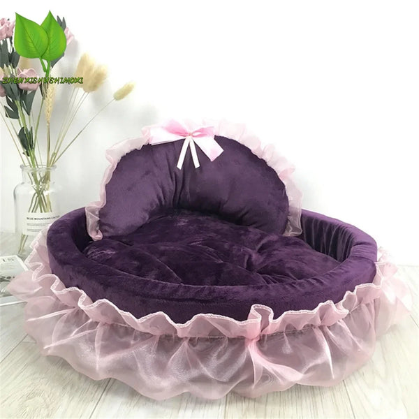 Bow Lace Pet Bed  Romantic Detachable Oval Princess Pet Bed Dog Soft Sofa Nest Pet Wedding Furniture 1pc