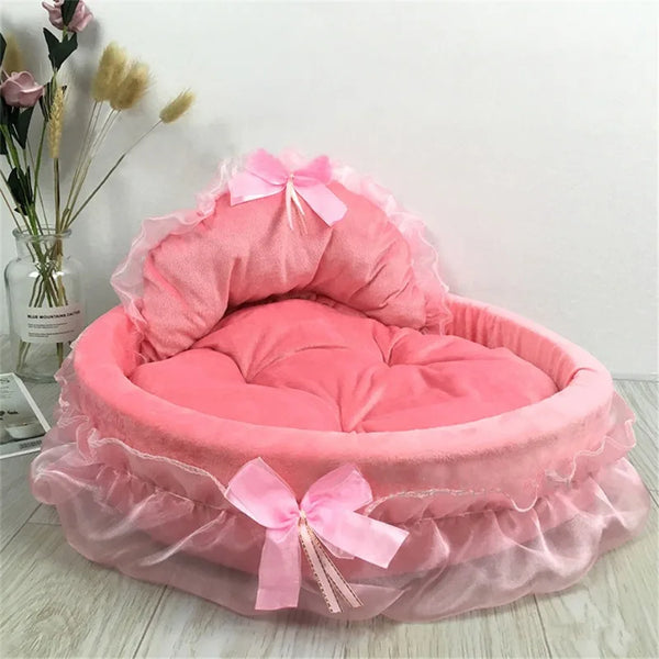 Bow Lace Pet Bed  Romantic Detachable Oval Princess Pet Bed Dog Soft Sofa Nest Pet Wedding Furniture 1pc