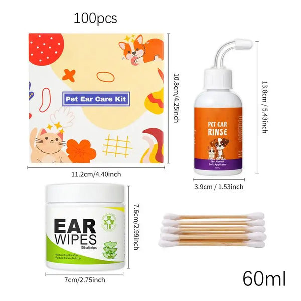 Finger Wipes For Dogs Ears Puppy Cleaning Wipes Ear Drops Set 100X Descaling Liquid 60ml For Home Travel Pet Care Supplies For