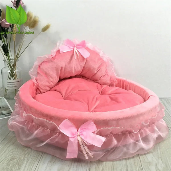 Bow Lace Pet Bed  Romantic Detachable Oval Princess Pet Bed Dog Soft Sofa Nest Pet Wedding Furniture 1pc