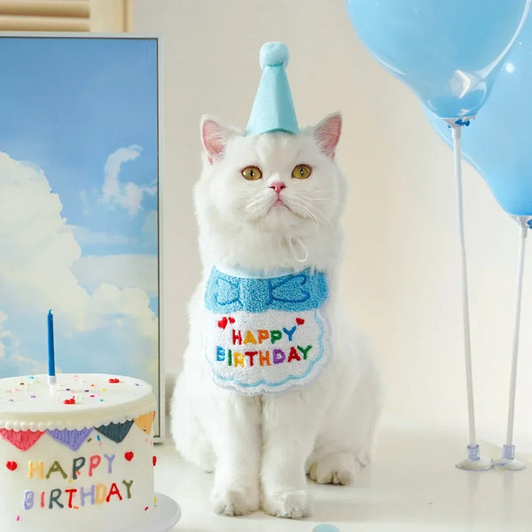 Cat Birthday Party Hat And Bib With Adjustable Bandana Pet Birthday Sweet Outfit Scarf Cats Puppy Dress Up Set Pet Supplies