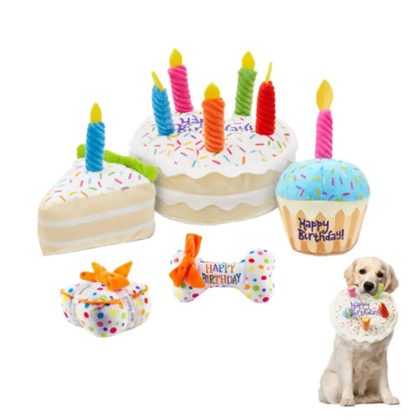 Birthday Cake Dog Toy Soft Plush Squeaky with Colourful Candles Durable Funny Stuffed Chew for Large Breeds Birthday Gift scarf