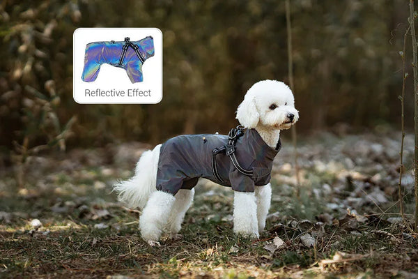 Dog Raincoat with Harness Waterproof Pet Rain Jacket for Small Dogs Adjustable Reflective Dog Rain Overalls with 4 Legs
