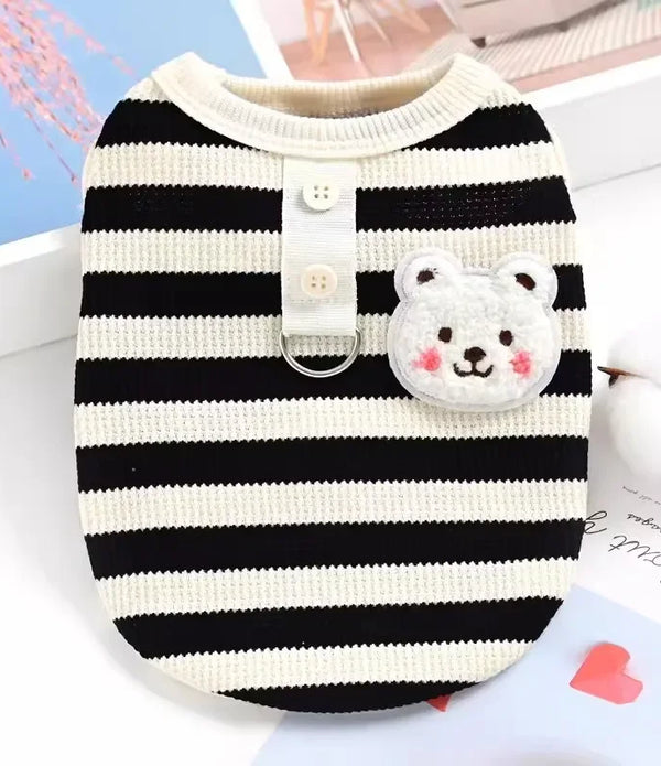 Pets Cat and Dog Clothes, Waffle Grid Vest for Spring/Summer, Striped T-Shirt with Leash for Small Dogs, Summer Outfit
