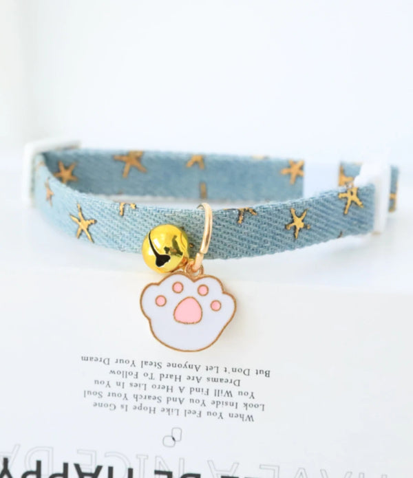 pet collar with bells and safety buckles, cute denim punk style accessories, suitable for cats and dogs
