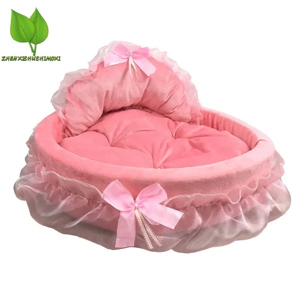 Bow Lace Pet Bed  Romantic Detachable Oval Princess Pet Bed Dog Soft Sofa Nest Pet Wedding Furniture 1pc