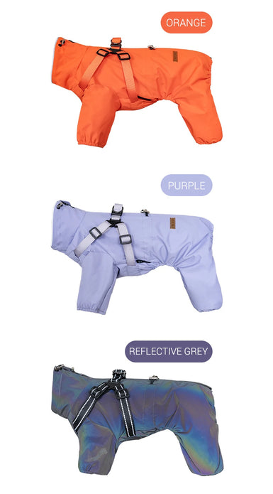 Dog Raincoat with Harness Waterproof Pet Rain Jacket for Small Dogs Adjustable Reflective Dog Rain Overalls with 4 Legs