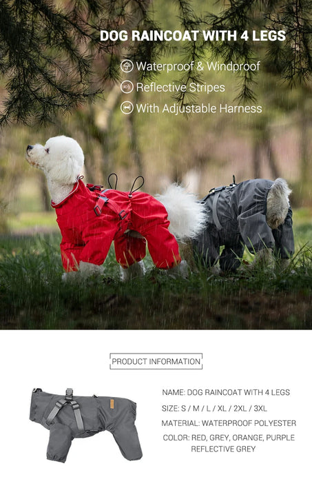 Dog Raincoat with Harness Waterproof Pet Rain Jacket for Small Dogs Adjustable Reflective Dog Rain Overalls with 4 Legs