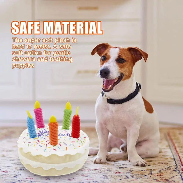 Birthday Cake Dog Toy Soft Plush Squeaky with Colourful Candles Durable Funny Stuffed Chew for Large Breeds Birthday Gift scarf