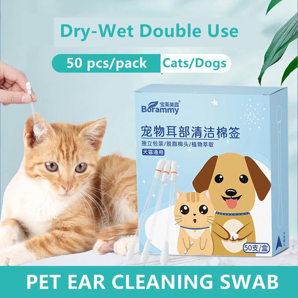 50pcs Pet Ear Cleaning Dry-Wet Swab Ear Stain Remover Cleaning Individual Pack Dogs Cats Ear Care Microtubule Flow Swab Product