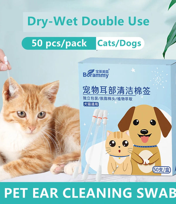 50pcs Pet Ear Cleaning Dry-Wet Swab Ear Stain Remover Cleaning Individual Pack Dogs Cats Ear Care Microtubule Flow Swab Product