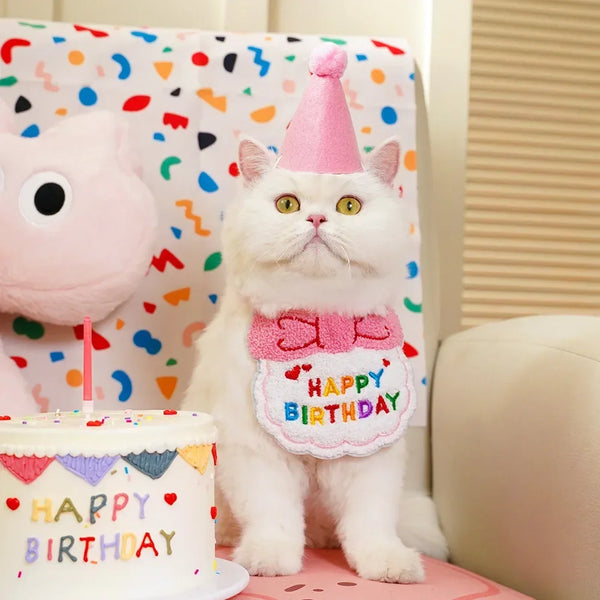 Cat Birthday Party Hat And Bib With Adjustable Bandana Pet Birthday Sweet Outfit Scarf Cats Puppy Dress Up Set Pet Supplies
