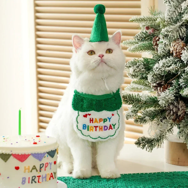 Cat Birthday Party Hat And Bib With Adjustable Bandana Pet Birthday Sweet Outfit Scarf Cats Puppy Dress Up Set Pet Supplies