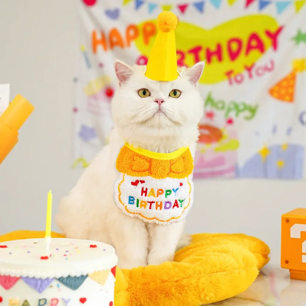 Cat Birthday Party Hat And Bib With Adjustable Bandana Pet Birthday Sweet Outfit Scarf Cats Puppy Dress Up Set Pet Supplies