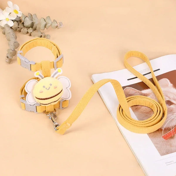 Cat Harness Leash Collar Set Adjustable Cartoon Bee Double Layer Dog Harness for Small Medium Pet Collar Leash Outdoor Walking