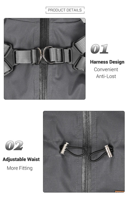 Dog Raincoat with Harness Waterproof Pet Rain Jacket for Small Dogs Adjustable Reflective Dog Rain Overalls with 4 Legs