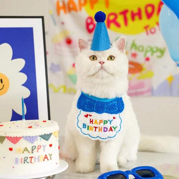 Cat Birthday Party Hat And Bib With Adjustable Bandana Pet Birthday Sweet Outfit Scarf Cats Puppy Dress Up Set Pet Supplies