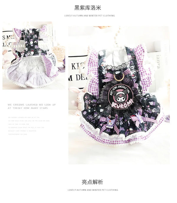 Sanrios Spring and Autumn Models Keep Warm Lace Suspender Skirt Pet Suit Kawaii Kuromi Cartoon Cat Dog Pet Decorative Clothing