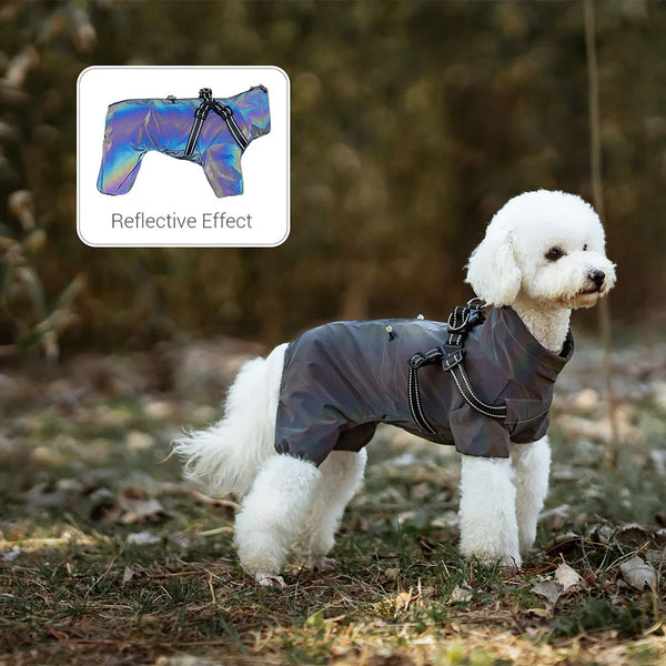 Dog Raincoat with Harness Waterproof Pet Rain Jacket for Small Dogs Adjustable Reflective Dog Rain Overalls with 4 Legs