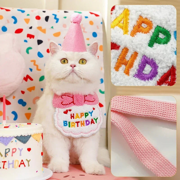 Cat Birthday Party Hat And Bib With Adjustable Bandana Pet Birthday Sweet Outfit Scarf Cats Puppy Dress Up Set Pet Supplies